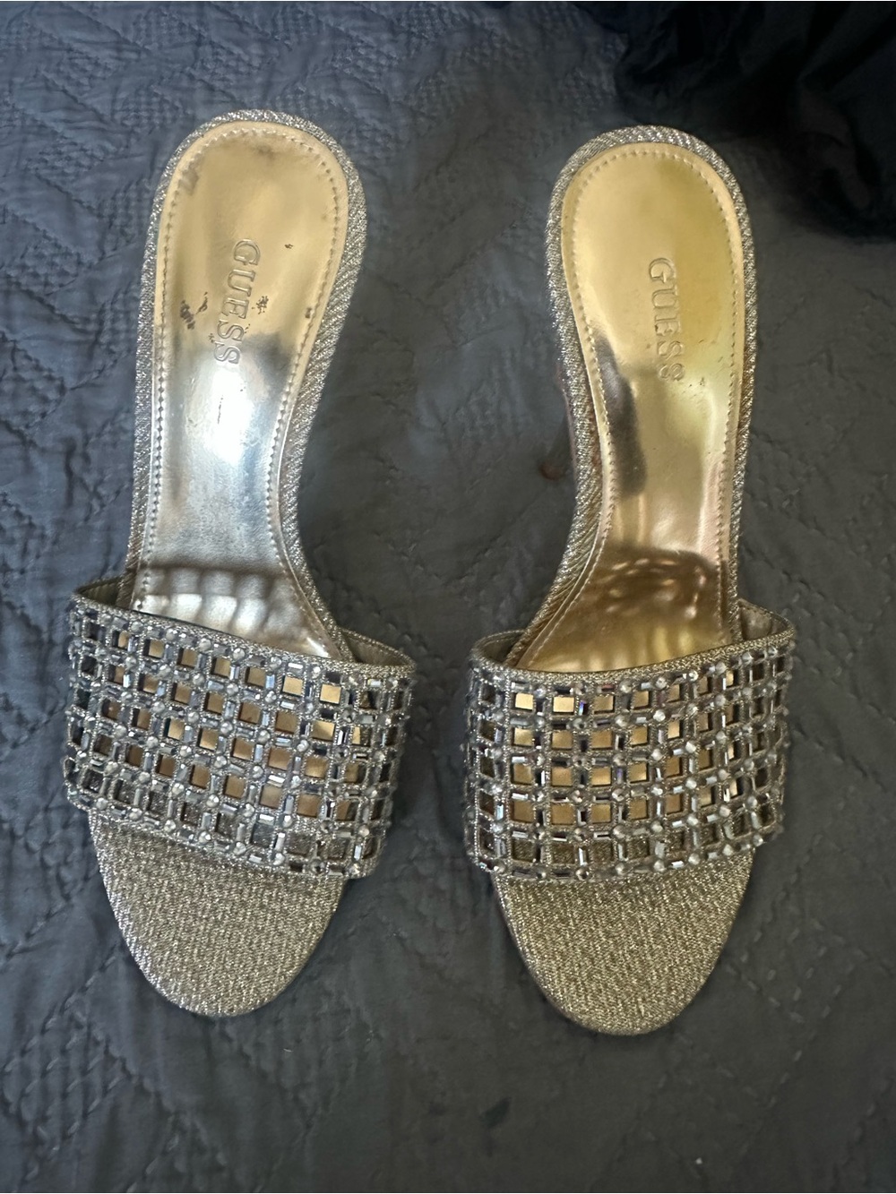 GUESS Silver Jeweled Open-Toe Slide Mules